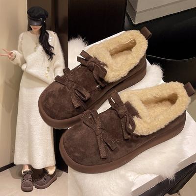 Retro Plateau Samt Warm Riemchen Kleine Lederschuhe Runde Spitze Plateau Englischer Stil Lässig Baumwollschuhe