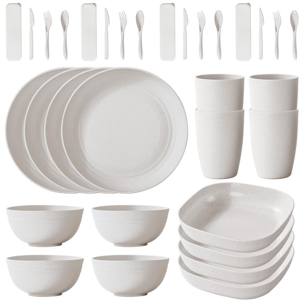 Black Wheat Straw 16PC Dinnerware Set: Plates, Bowls, Cups, Cutlery