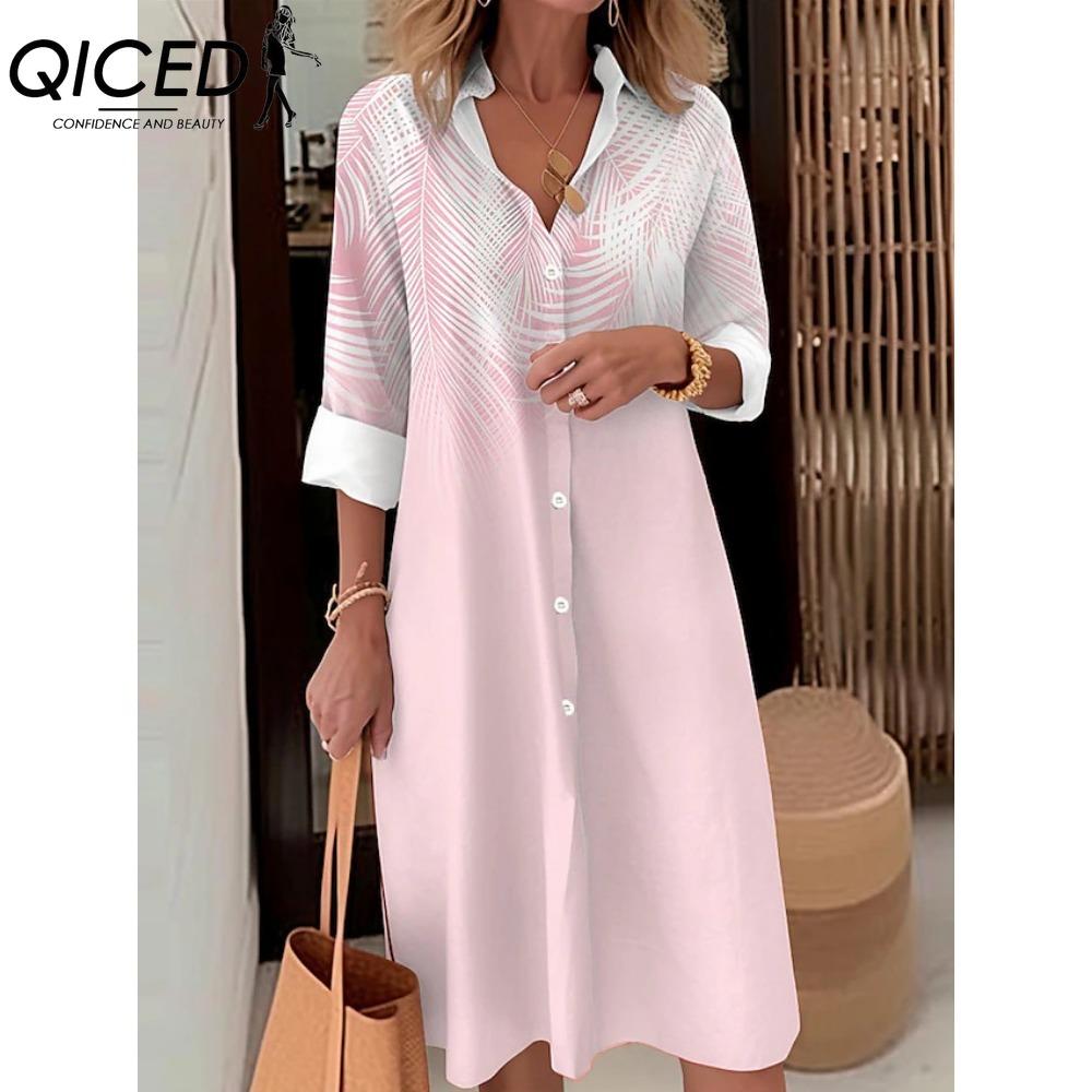QICED Women Fashion Spring Autumn Color Block Print Long Sleeve Polo Collar Loose Waist Casual Dresses