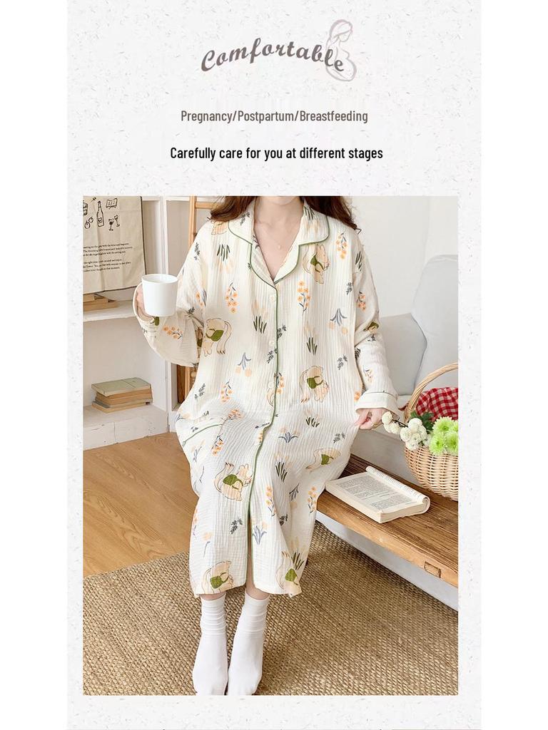 Pure Cotton Gauze Maternity Dress - Summer Nursing Nightgown for Hospital & Home, Plus Size, Women's Spring/Autumn Pregnancy Pajamas.