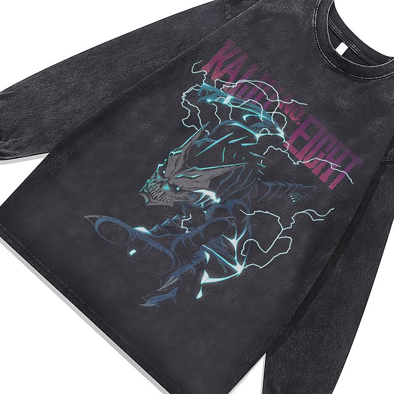 Heavy Weight Cotton Long-Sleeved T-Shirt Men'S And Women'S Retro Cartoon Print Washed Old Vintage Top