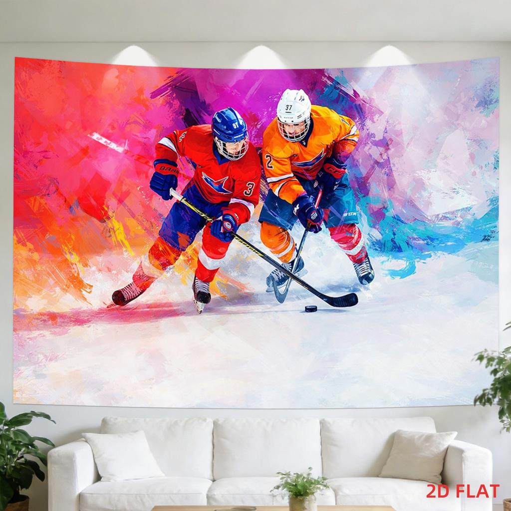 Ice Hockey Sports Tapestry, Abstract Art Style Player Print, Colorful Wall Hanging For Man Cave & Sports Themed Room Decor
