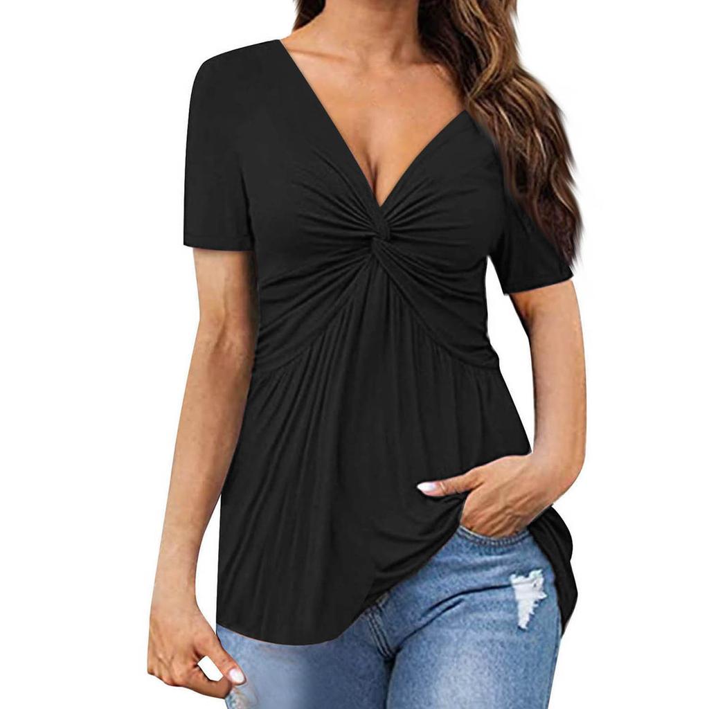 T-shirt Top Estivo da Donna con Scollo a V, Pieghe Colorate, Nodo, Manica Corta, Leggero, Stile Street, Ampio, Colorato