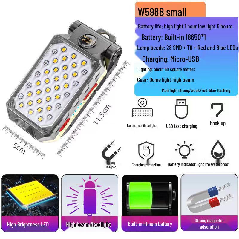 COB LED Work Light: USB Charge, Magnetic Hook, Power Display, Emergency Flashlight