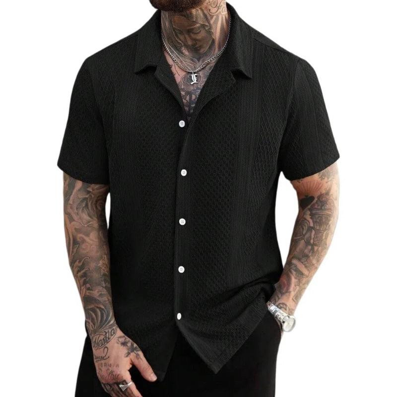 Summer Popular Men's Short-sleeved Shirt Solid Color Knitted Hollow Lapel Breathable Top