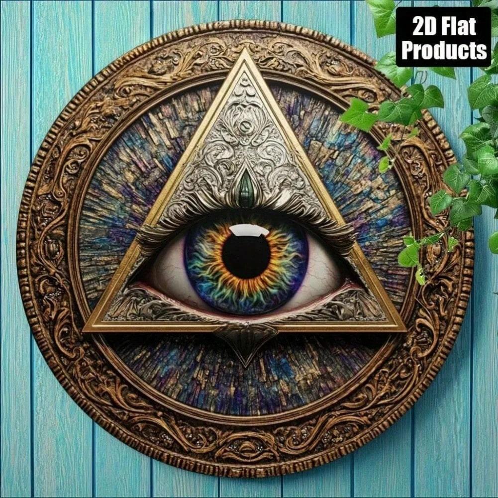 Винтажное золотое треугольное глазное металлическое настенное искусство Мистическое видение Бирюзово-фиолетовый декор 20x20 разноцветный