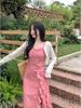 Plus Size Rose Pattern French Style Strappy Dress with Waist Cinching, Ruffle Trim, and Long Skirt