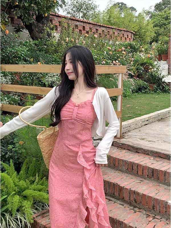 Plus Size Rose Pattern French Style Strappy Dress with Waist Cinching, Ruffle Trim, and Long Skirt