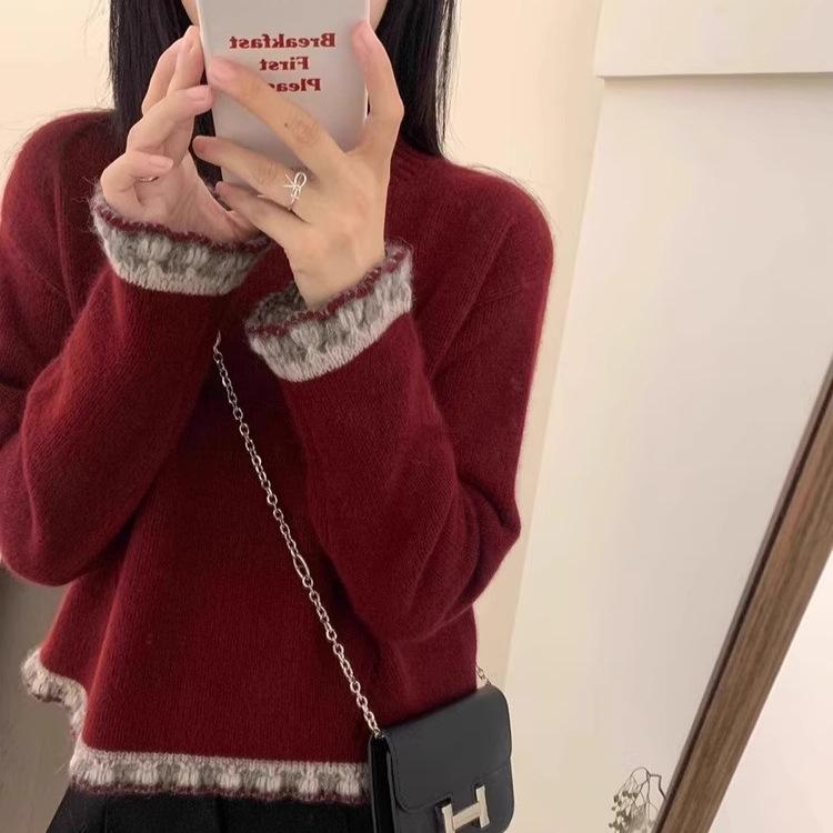 Arctic velvet washing water, lace crew neck knitted sweater for women's autumn and winter inner sweater design feeling lazy and relaxed