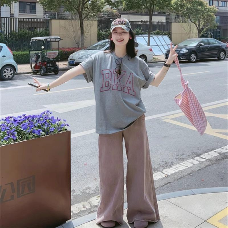 Light Gray Front Shoulder Short-sleeved T-shirt Women's Pure Cotton Large Size Loose Oversize Round Neck Half-sleeved Top Trendy Ins