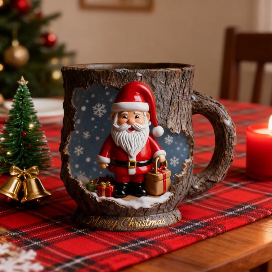 Festive Christmas Mug 3D Tree Bark Texture Themed Santa Reindeer Coffee Cup Resin Holiday Decor Novelty Gifts