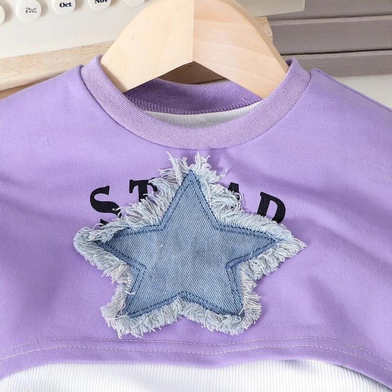 Conjunto de Niñas con Sentido del Diseño para Bebé y Niño Pequeño Manga Corta + Chaleco + Pantalones Largos con Parche de Estrella de Cinco Puntas