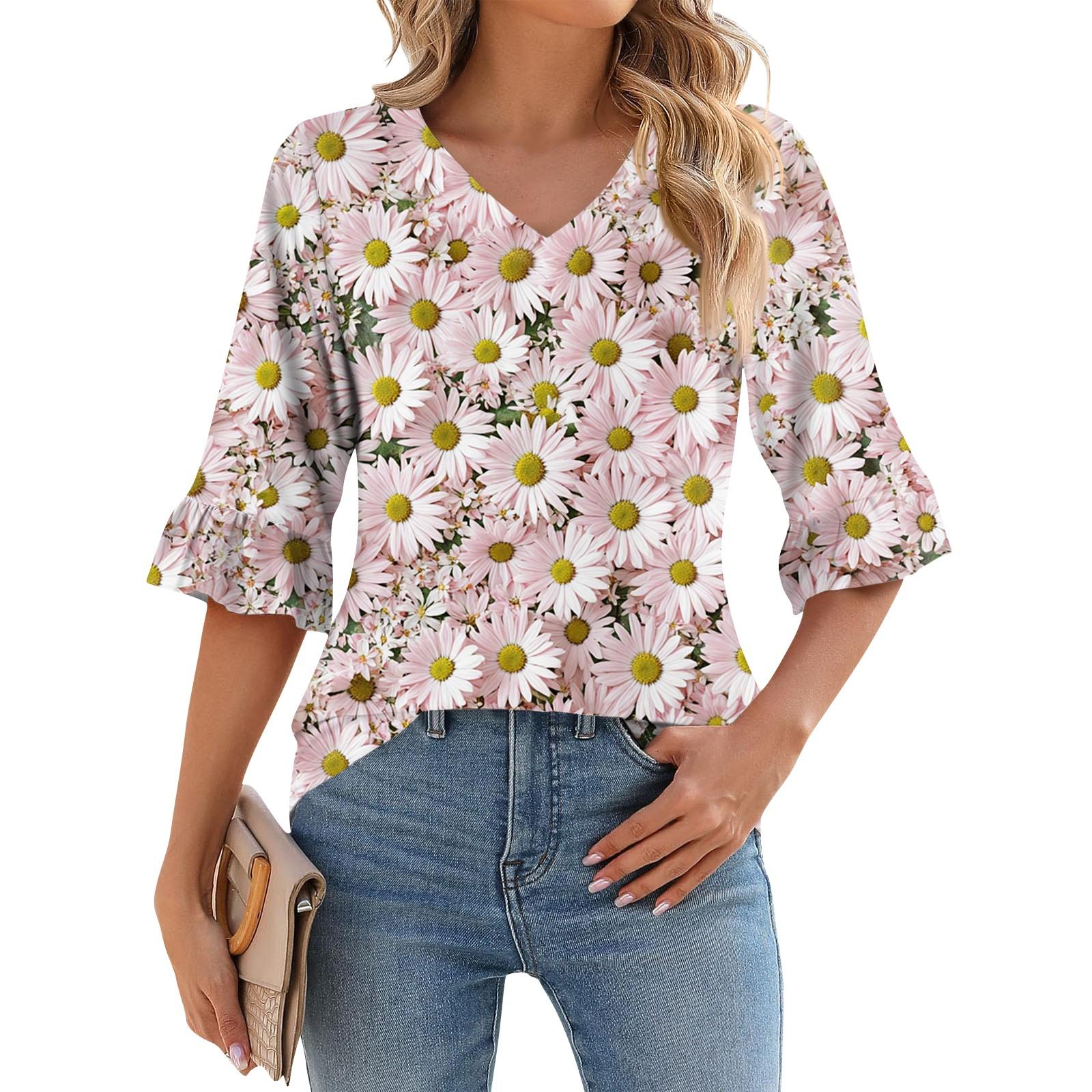 

Женская повседневная футболка с рукавом 3/4, летняя футболка с V-образным вырезом и пышными рукавами, гавайский принт M винный