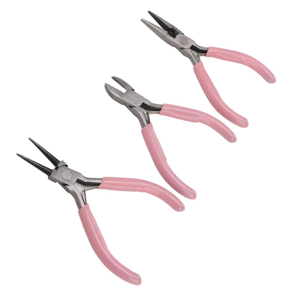 3Pcs Pink Jewelry Pliers Round Needle Diagonal Nose Carbon Steel Sturdy Durable Pliers Set for Crafts DIY