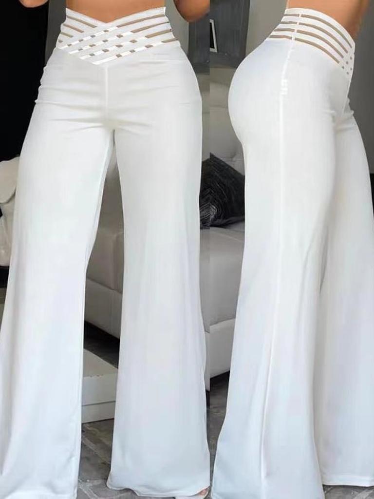 Damen Hollow Out Taillengürtel Lange Hose, Elegante Pendler Weitbeinige Hose Hohe Taille Lässige Weitbeinige Hose