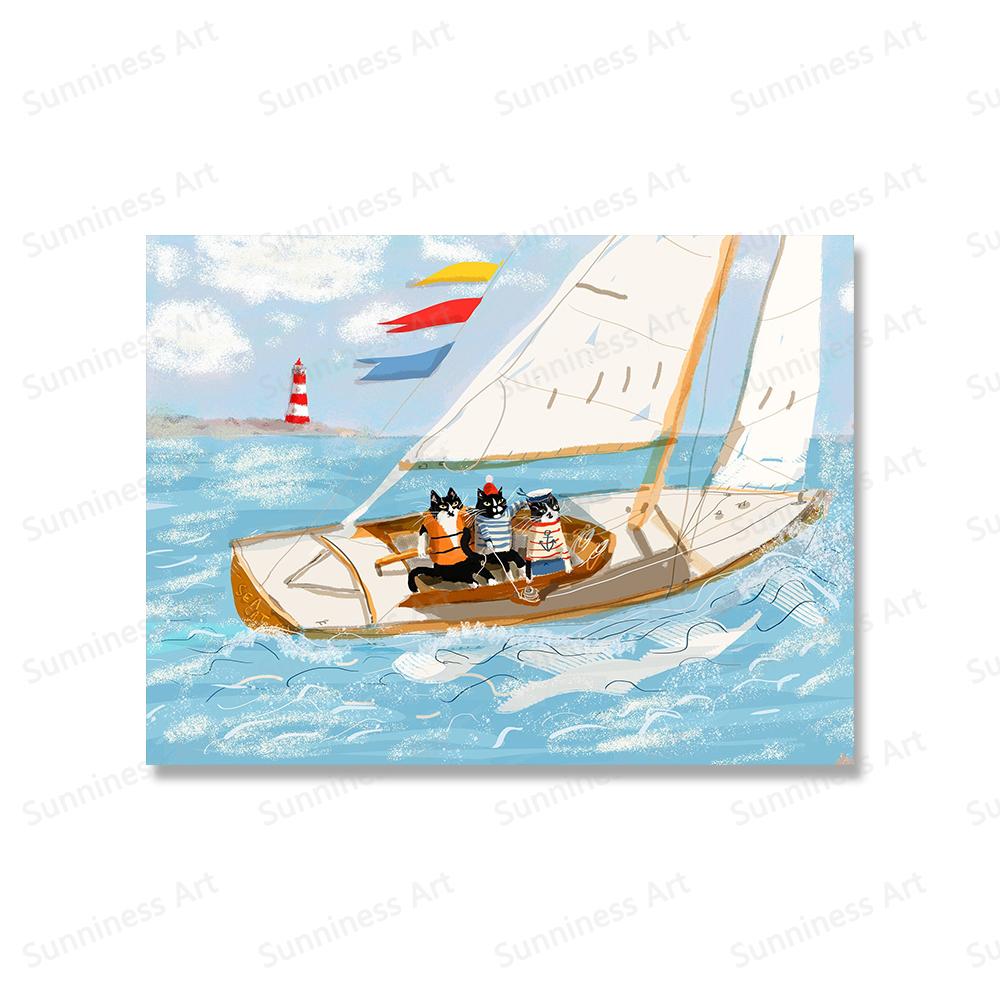 Funny Jungle Cat Poster Sailboat Western Cowboy Cats Canvas Painting Cat Lover Gift Wall Art Pictures for Living Room Home Decor