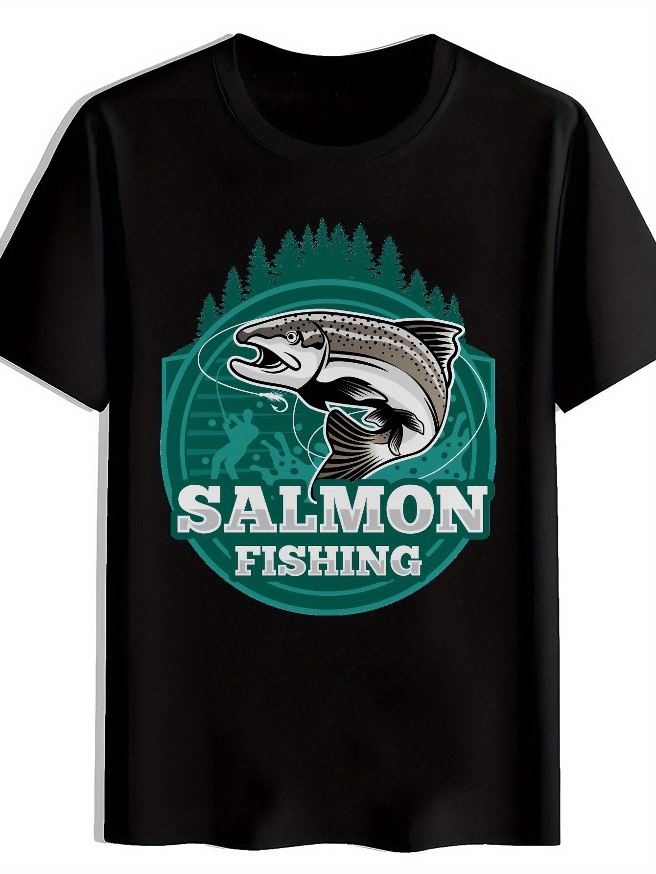 Salmon Fishing Graphic T-shirt - Black Casual Round Neck Polyester Tee with Vibrant Fish Design M