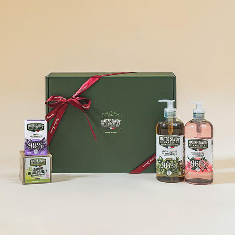 maitresavon [Gift Wrapping] French Marseille All-in-One 4-Piece Set (Liquid Soap 500mlx2 + Marseille Soap 300g + Perfume Soap 100g) Rose 500ml + Citrus Verbena 500ml