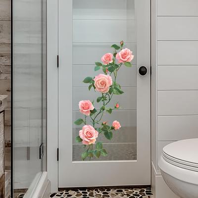 Romantic Pink Rose Bathroom Door Stickers, Self-adhesive Waterproof Glass Stickers, Bathroom Decorative Walls