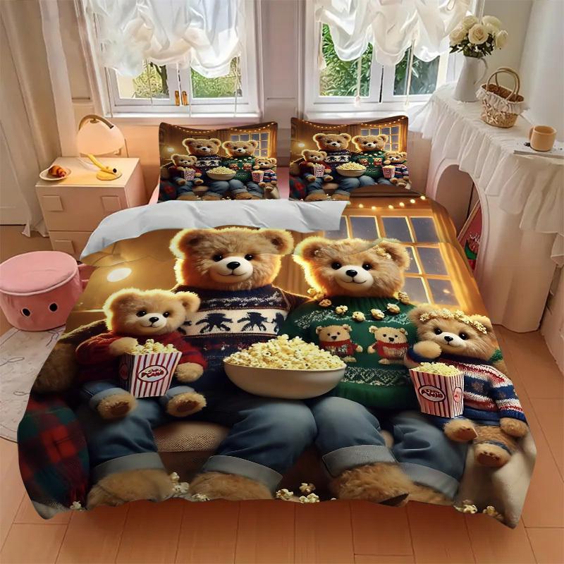 3pcs Christmas Teddy Bear Family Bedding Set - Includes One Quilt Cover and Two Pillowcases (No Core) - Festive Gift for Bedroom Decor - Pol