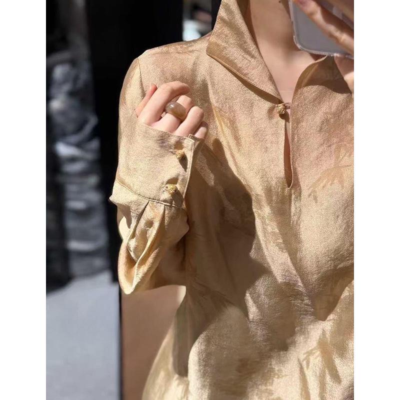 Rongtai Women's Elegant Spring 2026 Jacquard Dark Pattern Loose Shirt with Half-Open Collar