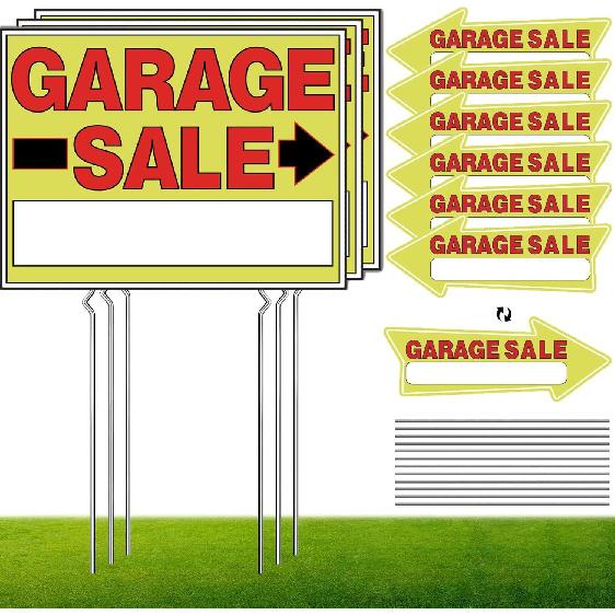 Double-Sided Garage Sale Signs & Directional Arrow Signs - 3-Pack, 6-Pack with Metal Stakes - Waterproof Reusable Yard Signs for Outdoor Sales