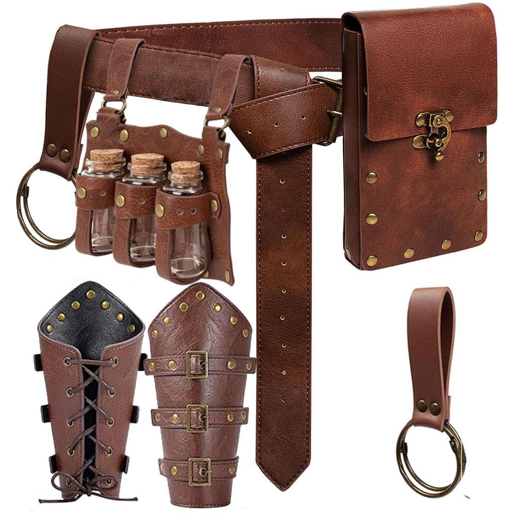 Medieval Leather Waistband Belt with Cord and Pouch