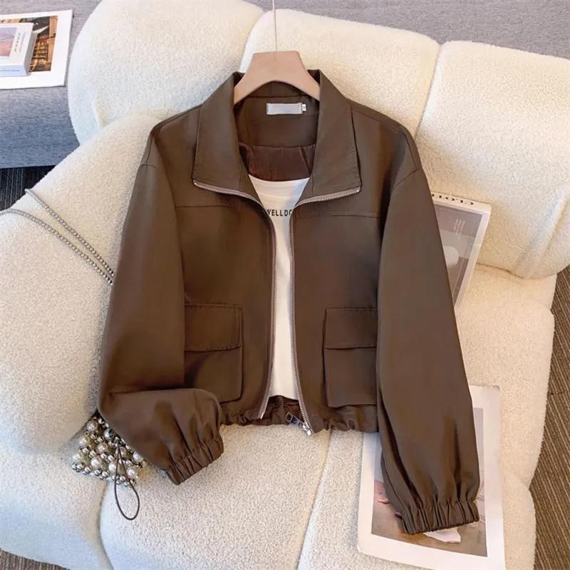 

Женские куртки на молнии Весна Свободные Стойка воротник Длинный рукав Куртка-инструмент Пальто XS коричневый