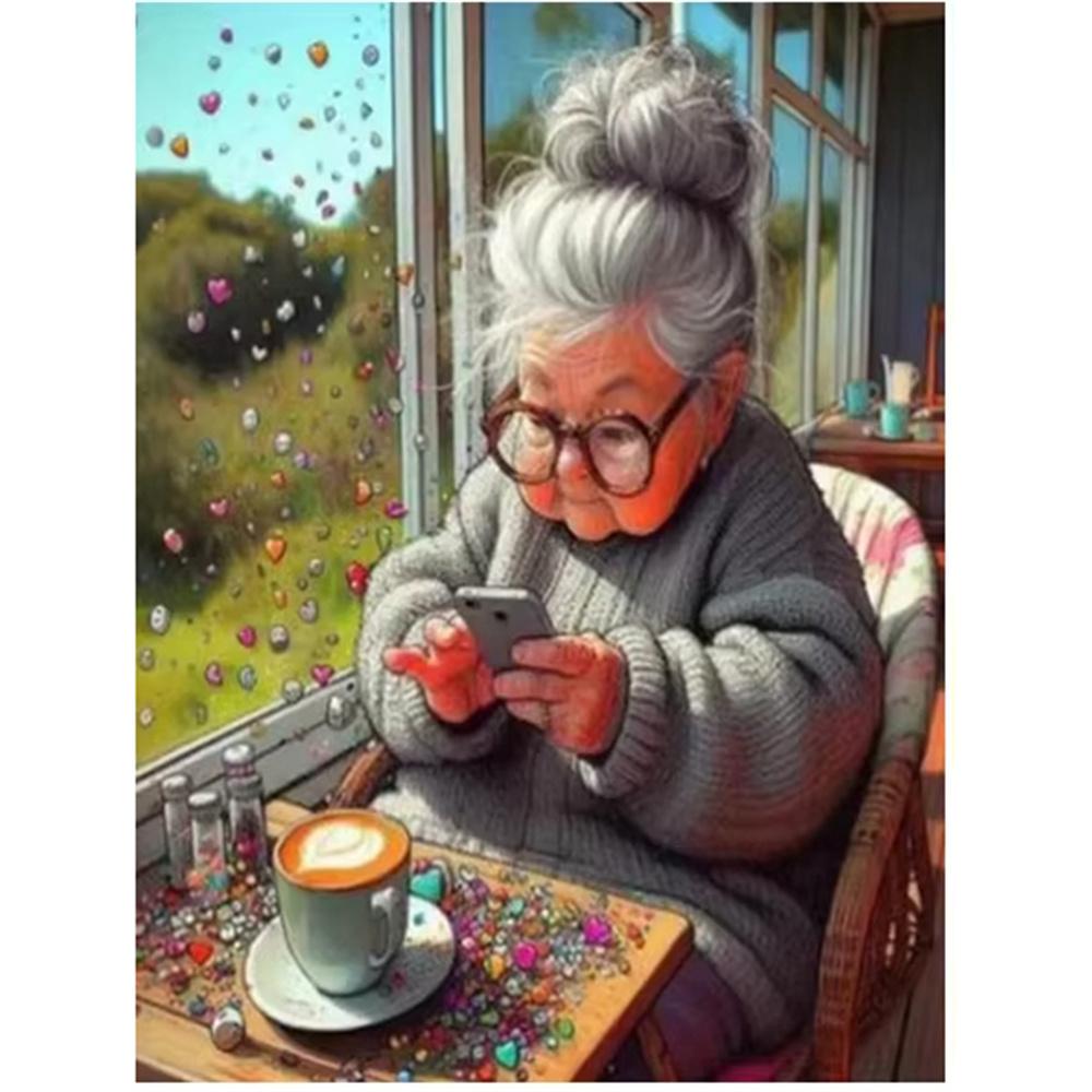 5D DIY Diamantmålning Tecknad Casual Mormor Helt Fyrkantig Rund Strass Mosaik Broderi Bröllopsdekoration