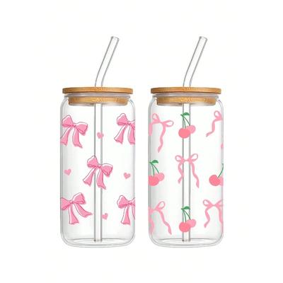 500ml Roztomilý Skleněný Hrnek s Mašlí Vánoční Vzor Láska Třešeň Graffiti Láhev na Vodu s Bambusovým Víčkem Hrníčky na Ledovou Kávu Halloweenský Dárek