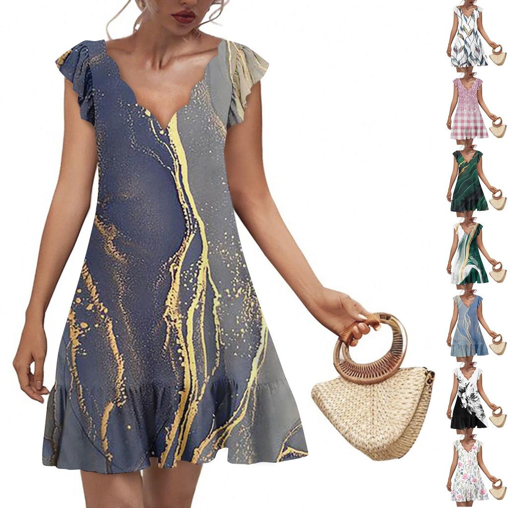 Women's Fashion Casual V Neck Wavy Edge Texture Print Short Sleeve Dress