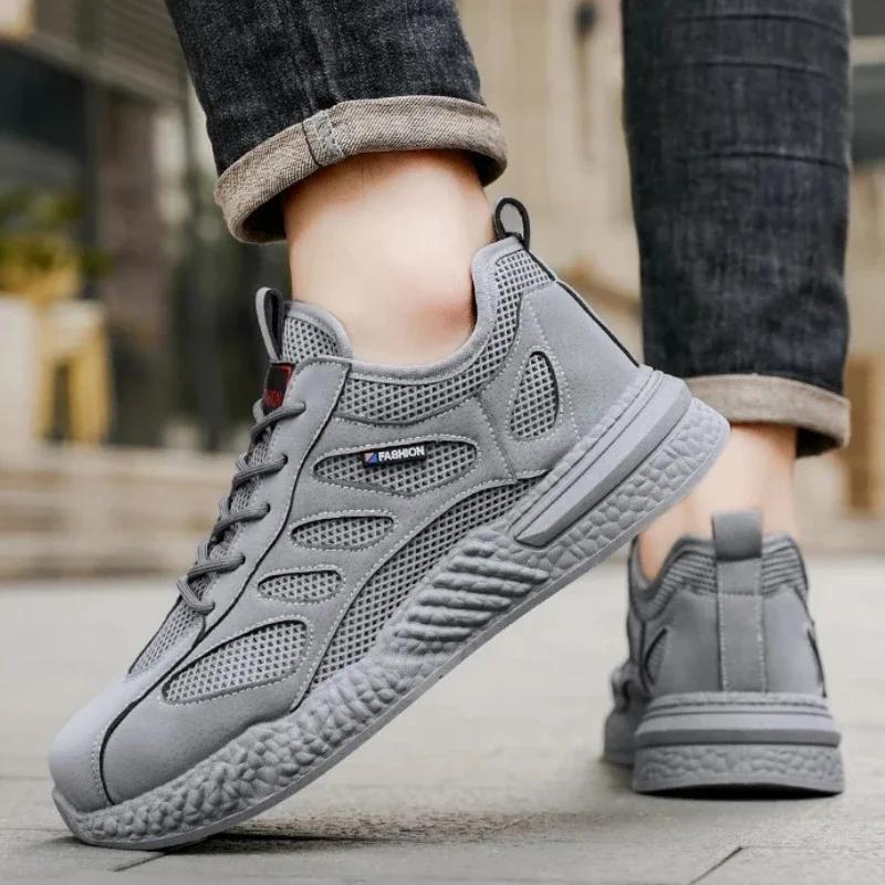 

Lightweight Mens Sports Shoes Mesh Leather Splicing Comfortable Breathable Flat Lace-up High Quality 39 серый