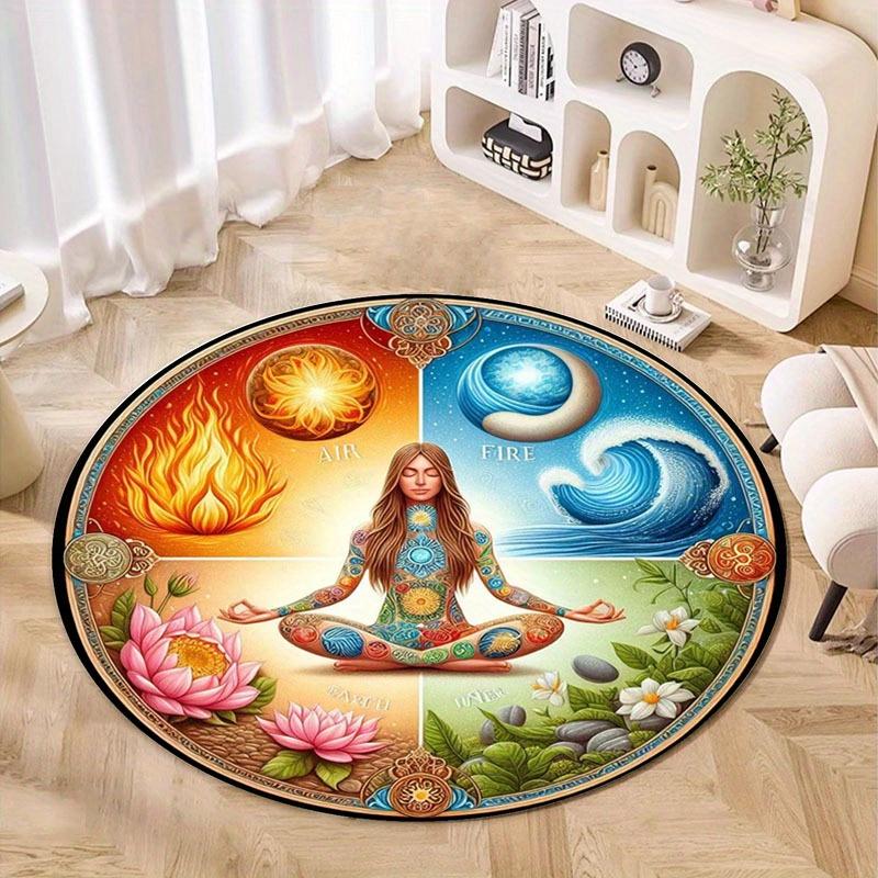 Wasser und Feuer Elemente Lotus Meditation Runder Teppich - Polyester Kristall Samt, Rutschfeste Yogamatte für Wohnzimmer, Schlafzimmer, Lounge - Home Interio