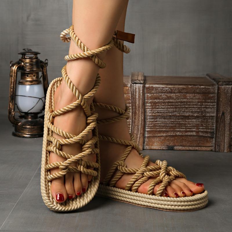 Summer Women's Flat Sandals Ankle Strap Hemp Rope Low Heel Retro Roman Sandals Leisure Beach Vacation Open Toe Women's Shoes