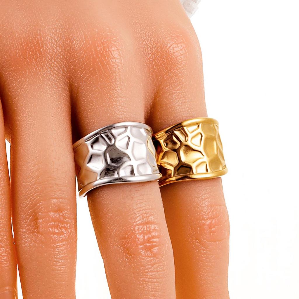 Wide Geometric Textured Stainless Steel Open Ring for Women