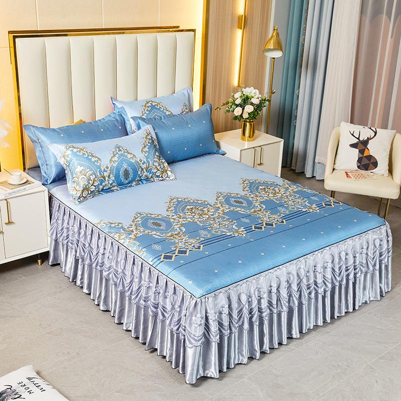 Summer Mat Viscose Fiber Mat Bed Skirt Three-Piece Set Household Double Summer Mat Machine Washable Fabric Cooling Mattress Soft Mat Bedspread