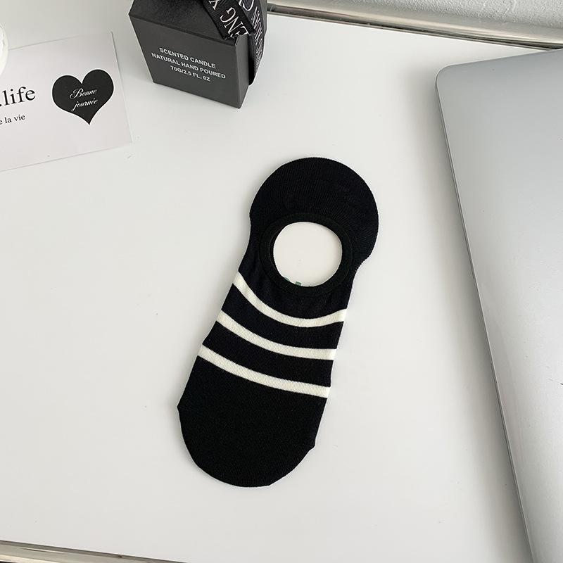 Striped Polka Dot Socks, Women's Short Socks, Spring and Summer, Thin and Cute Cartoon Dog, Low-top Shallow Black and White Boat Socks