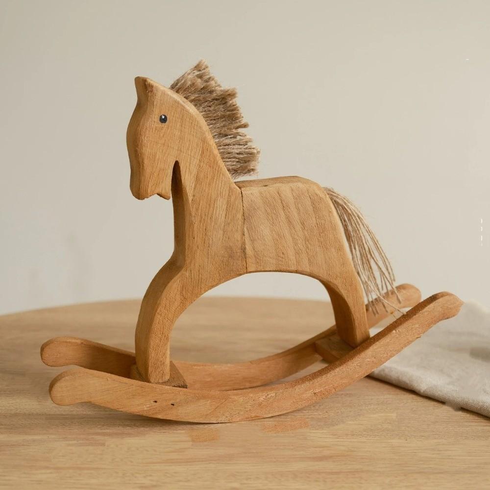 Hand Carved Rocking Horse Ornaments Retro Style Rocking Horse Statue Animal Sculpture  Kids Room