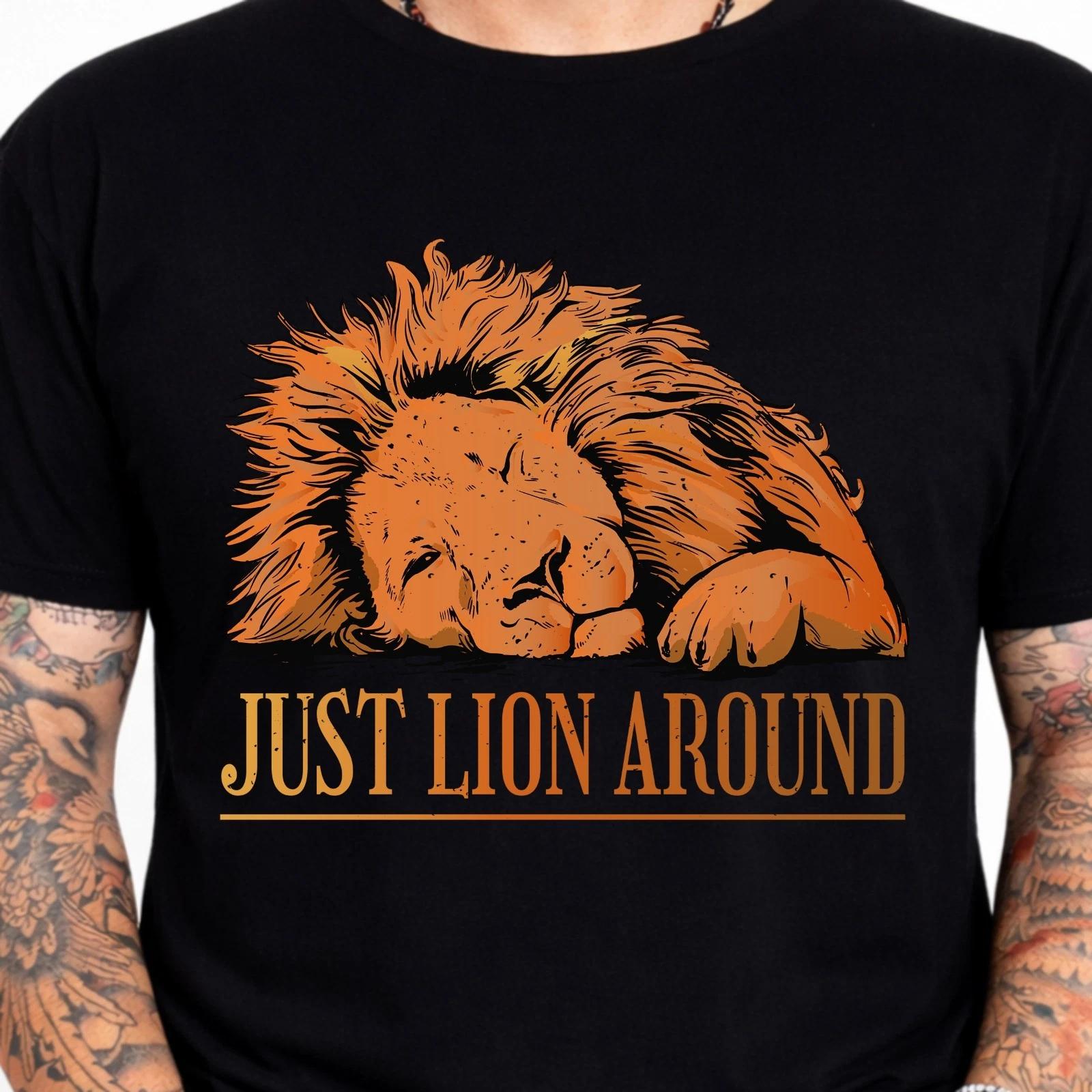 Just Lion Around Funny Sleeping Lion Graphic Tee Cute Animal Humor T-Shirt. XXXXL
