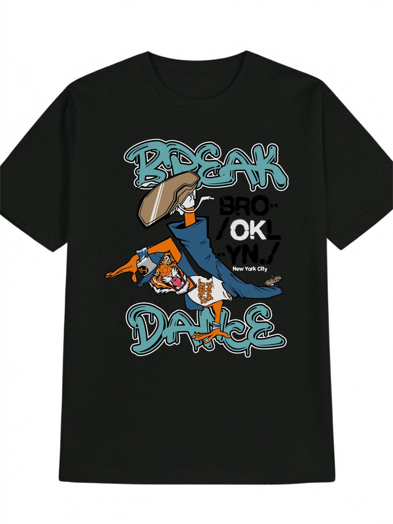 Casual Round Neck T-shirt with Cartoon Tiger Graphic Print XXXXL