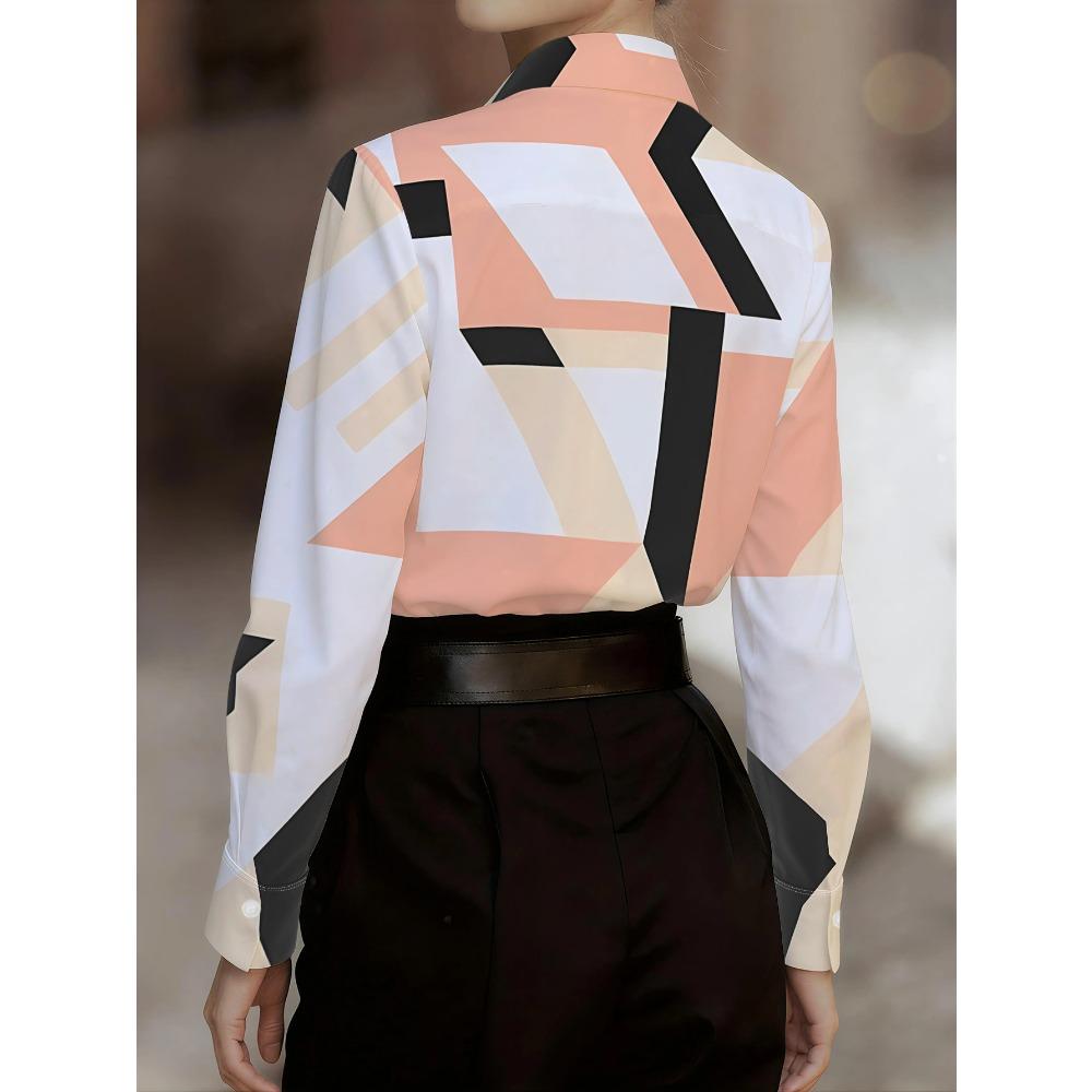 Women's casual shirts feature geometric color blocks arranged in an interlaced pattern, with black, brown, and white forming an abstract print