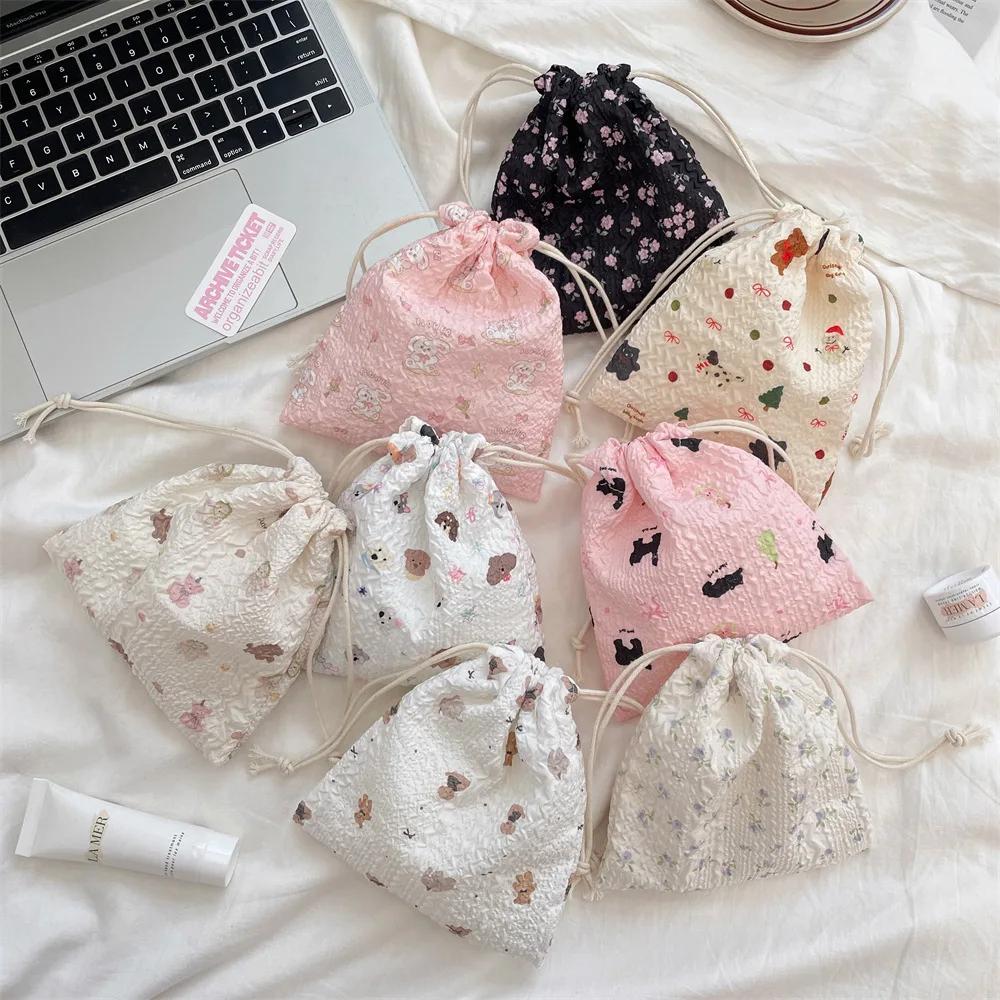Cute Cartoon Bear Ladies Mini Drawstring Bags Retro Flower Women's Cosmetic Storage Bag Portable Sweet Female Coin Purse Handbag