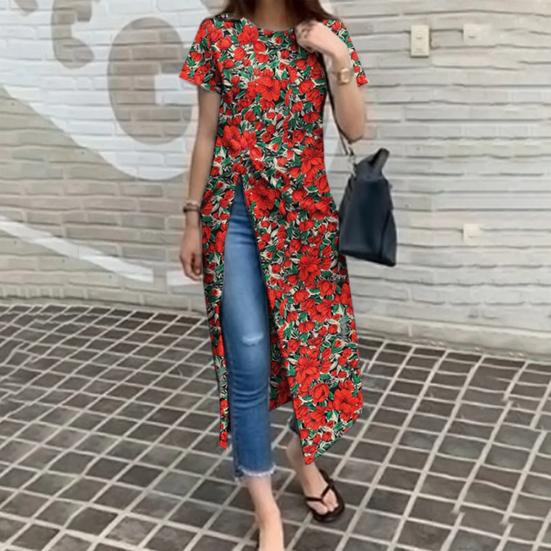 

Женское платье с круглым вырезом и короткими рукавами и высоким разрезом, облегающее пляжное праздничное платье с цветочным принтом