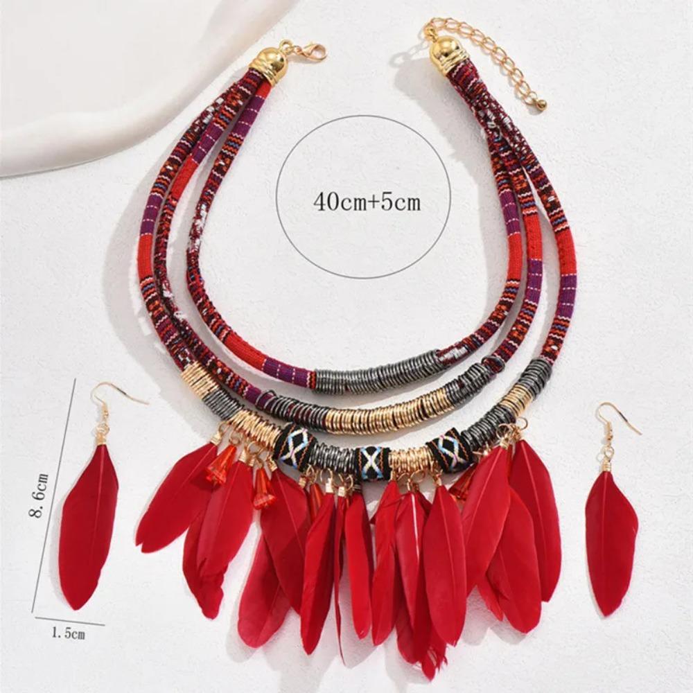 Metal Ethnic Necklace Hand Woven Necklace Earrings Set Vintage Feather Choker  Women