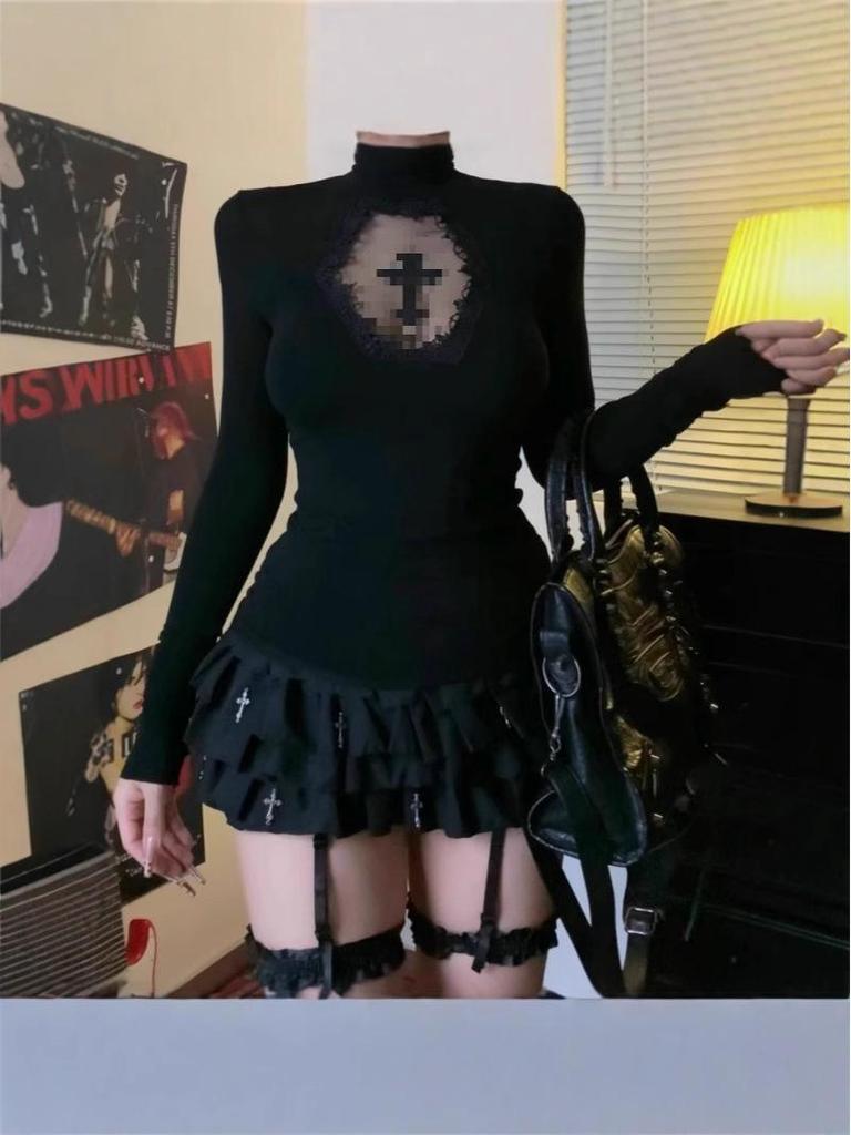 Spicy Gothic Cross Cutout High Neck Transparent Women's Streetwear Top