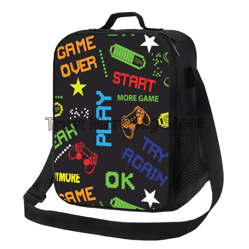 Colorful Video Game Lunch Bags Thermal Lunch Box Insulated Cooler Bag Reusable Tote Shoulder Bag for Outdoor Picnic Meal Office