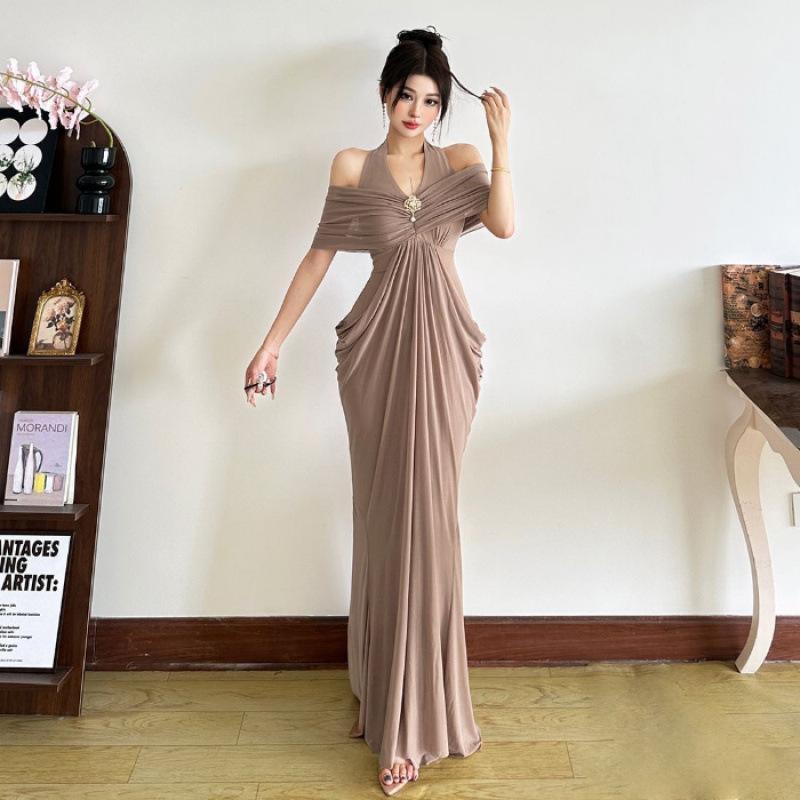 French Pure Desire Style Pleated Slim and Thin Neck Dress Femininity Drape Dress