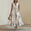 European and American Autumn and Winter Women's Clothing Printed V-neck Sleeveless Fashion Pleated Dress Long Dress Women