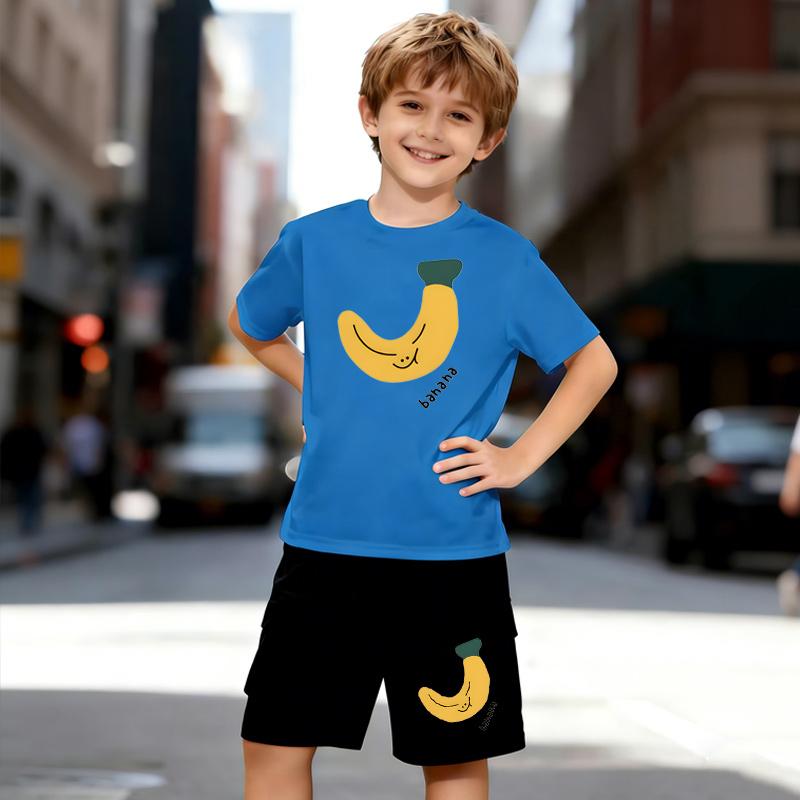 Boys 2 Piece Banana Pattern Print Outfit, Short Sleeve T-Shirt and Shorts Set for Kids Age 5-14, Black and White Sporty Casual Summer Clothes