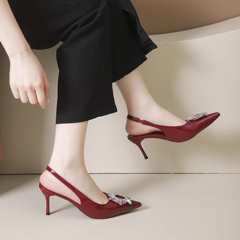 2025 spring new pointed thin heel patent leather bag head sandals temperament shallow mouth single shoes rhinestone pointed women's high heels